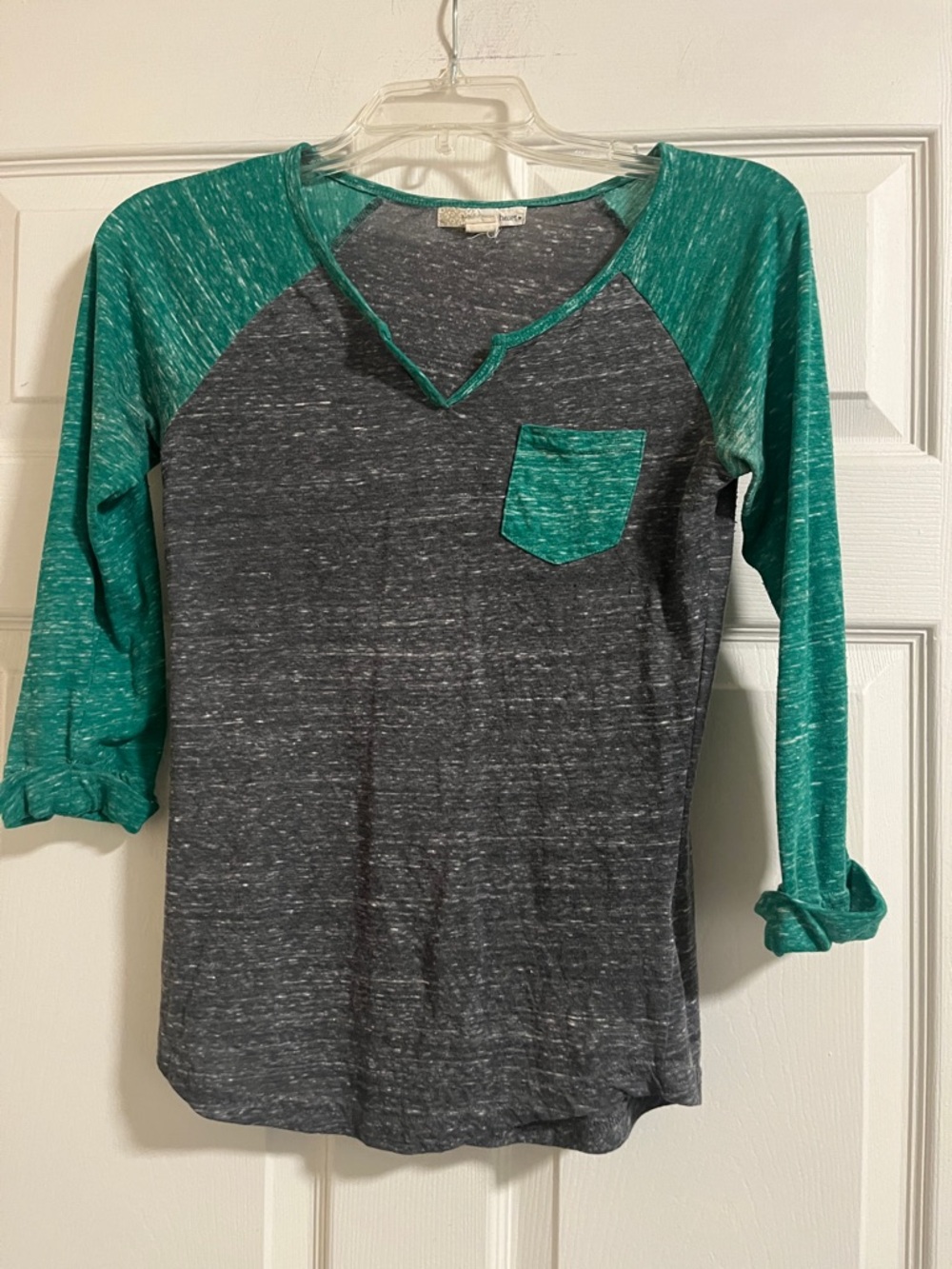 Derek Heart Gray Body with Teal Raglan Pocket Long Sleeve Tee